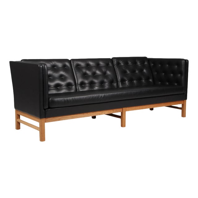 Vintage Danish EJ 315/3 Sofa in Black Leather and Oak Frame by Erik Jørgensen, 1960s For Sale