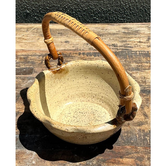 Cream Vintage Rattan Handle Studio Pottery Bowl For Sale - Image 8 of 12