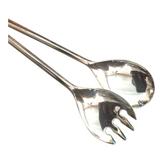 Mid-Century Leonard Italian Cut Crystal Salad Bowl With Silverplated Trim and Utensils- 3 Pieces For Sale