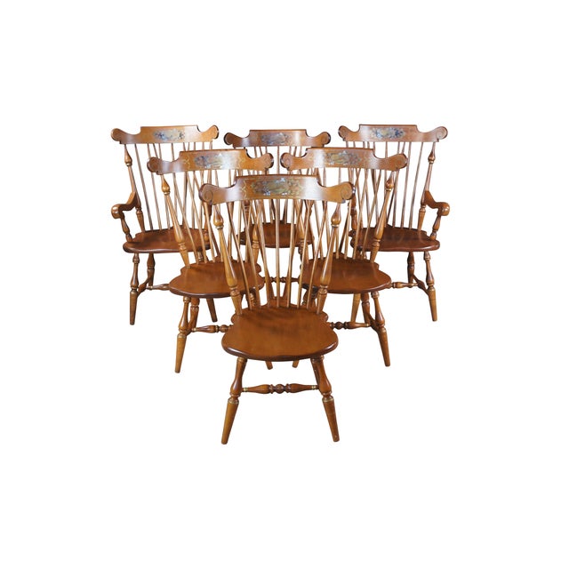 Six vintage Ethan Allen Duxbury maple nutmeg colonial / early American fiddleback dining chairs featuring a hand decorated...