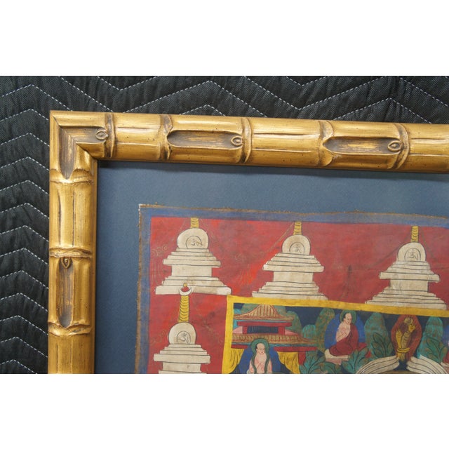 Vintage Tibetan Buddha Thangka Painting Swans Flowers Figures Faux Bamboo Frame For Sale - Image 4 of 10