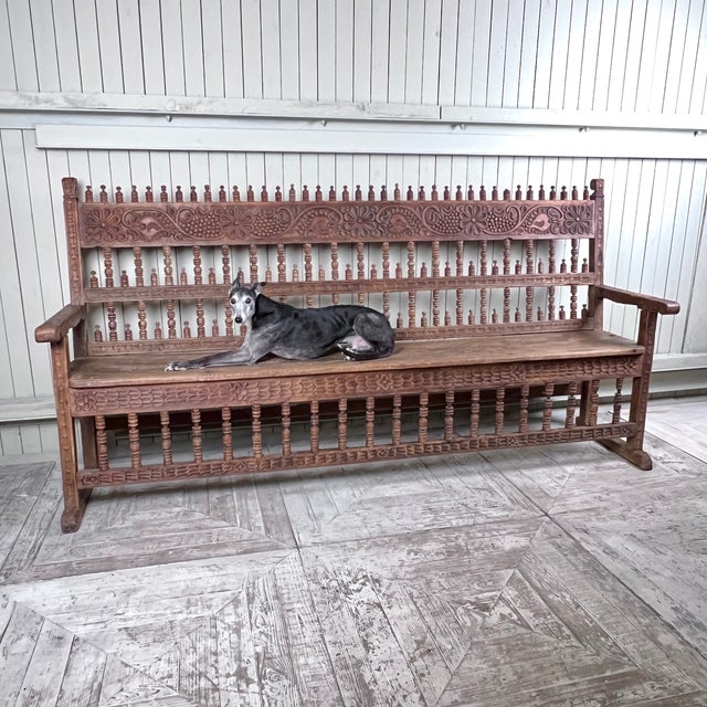 Large Antique Spanish Colonial Carved Hardwood Bench Late 18th / Early 19th Century For Sale - Image 3 of 11
