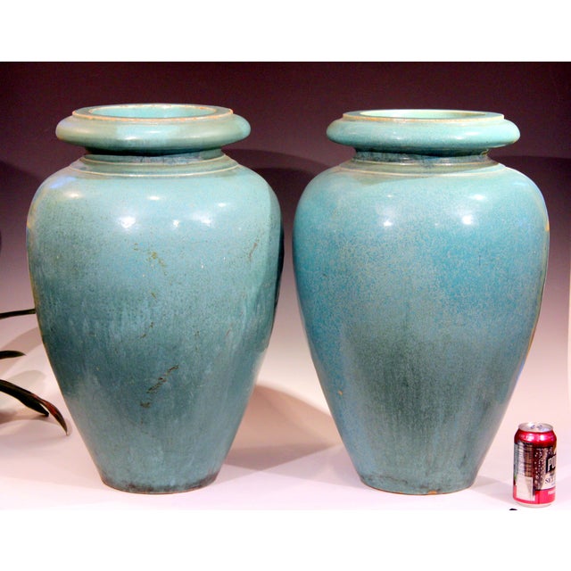 Large Pair of Galloway Terracotta Company Pottery Turquoise Urns Vases