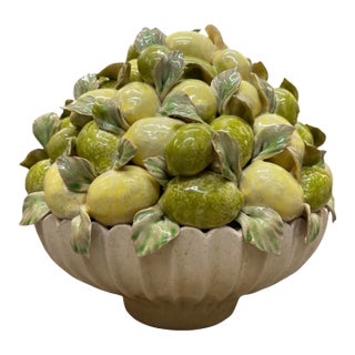Vintage Italian Majolica Ceramic Lemon and Lime Trumpet Bowl Centerpiece For Sale