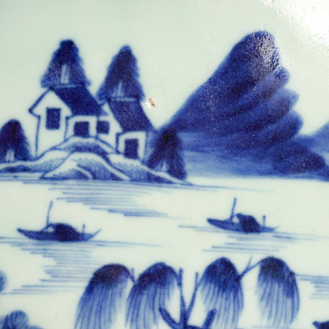 Large Round Antique Blue & White Canton Pattern Chinese Export Porcelain Serving Bowl or Tray For Sale - Image 12 of 16