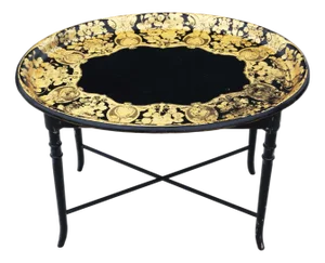 Victorian Black Lacquer Decorated Tray on Stand Coffee Table