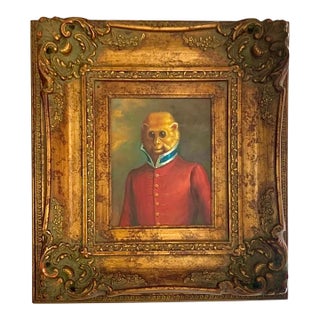 Late 20th Century Monkey Painting Adorable Portrait Oil on Canvas Vintage Whimsical Decor Art For Sale