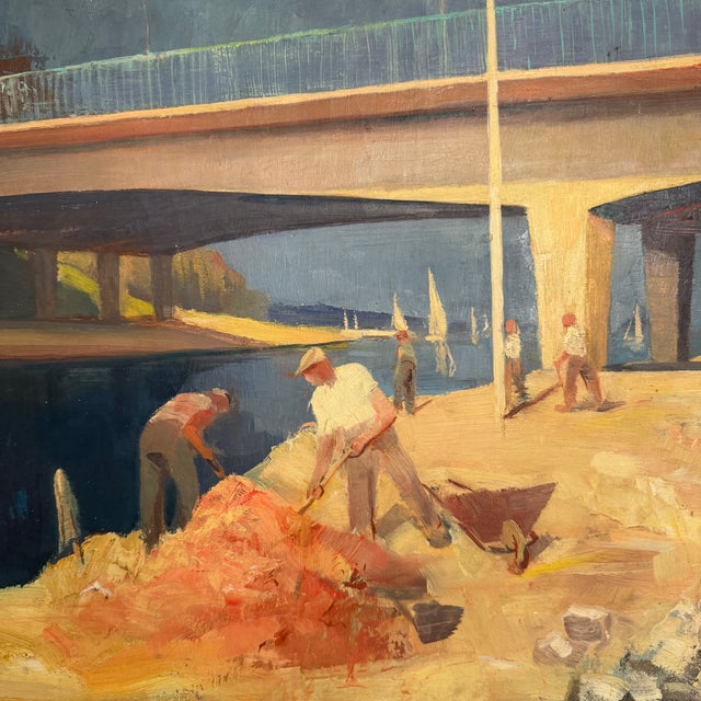 French School, Bridge Workers, 1950s, Oil on Canvas, Beech and Silver For Sale - Image 6 of 7
