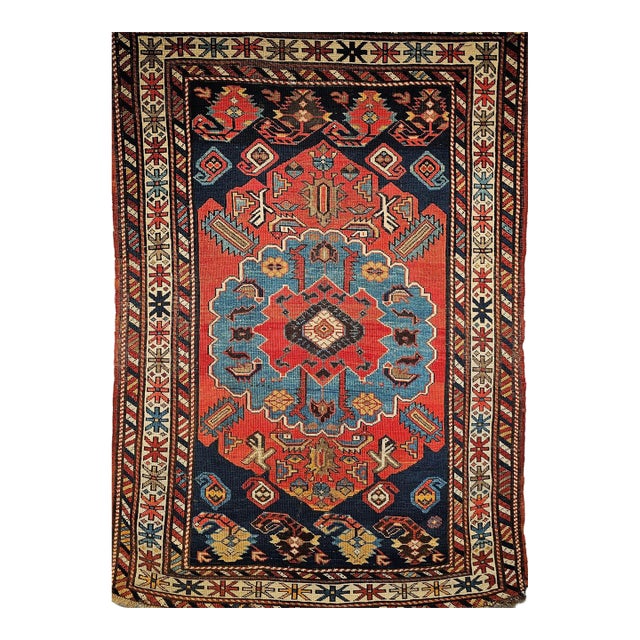 Antique Caucasian Kazak Area Rug, Handwoven Wool, Geometric Medallion Design, Late 1800s, 4' x 5' For Sale