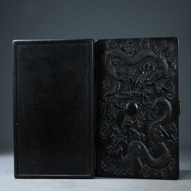 Vintage Chinese Rosewood Jewelry Box | Deep Relief Carved Double Dragon Motif Chest For Sale In Los Angeles - Image 6 of 8