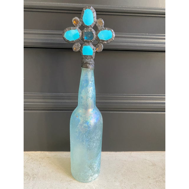 2000 - 2009 Turquoise Stone & Amber Glass Art Glass Bottle For Sale - Image 5 of 8