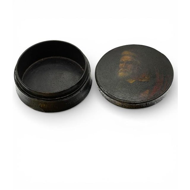 Antique Lacquer Snuff Box — Hand-Painted Gentleman Portrait (Round Lidded Box) For Sale - Image 4 of 4