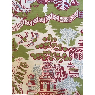 Chinoiserie Thibaut Luzon Printed Green and Raspberry Fabric - 2 1/2 Continuous Yards For Sale