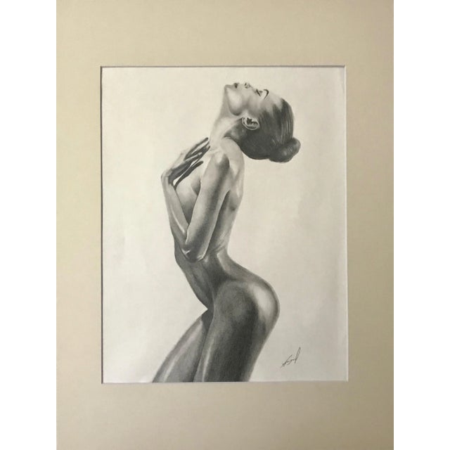 A beautiful vintage original graphite drawing standing nude woman c.1970. Signed indistinctly lower right. Presented in...