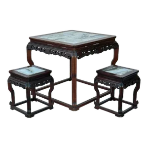 Vintage Chinese Square Marble Top 2 Stools Tea Table Set