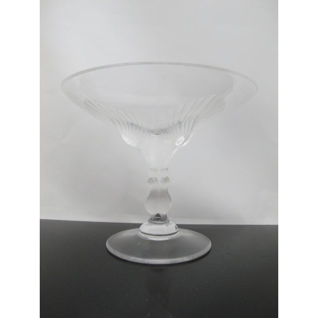 Elegant Lalique "Virginia" peacock compote or footed bowl. Designed in 1968 by Marie-Claude Lalique. Clear and frosted...