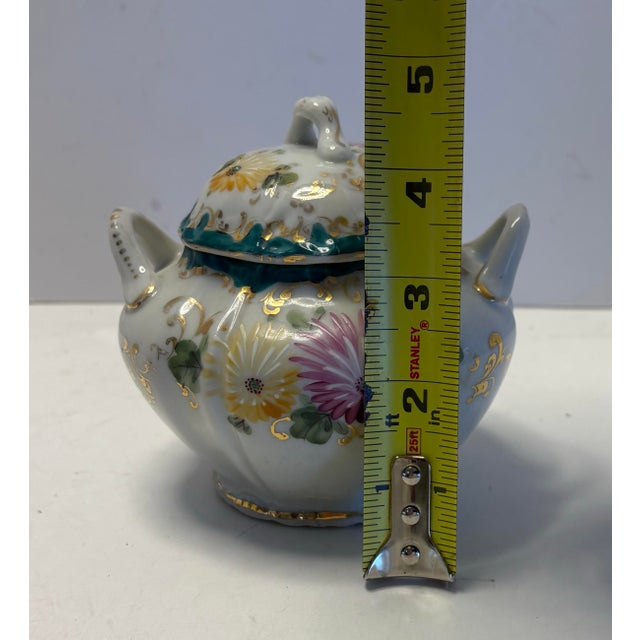 Victorian Antique European Hand-Painted Porcelain Covered Sugar Bowl With Floral Gilt, C. 1900 For Sale - Image 3 of 9