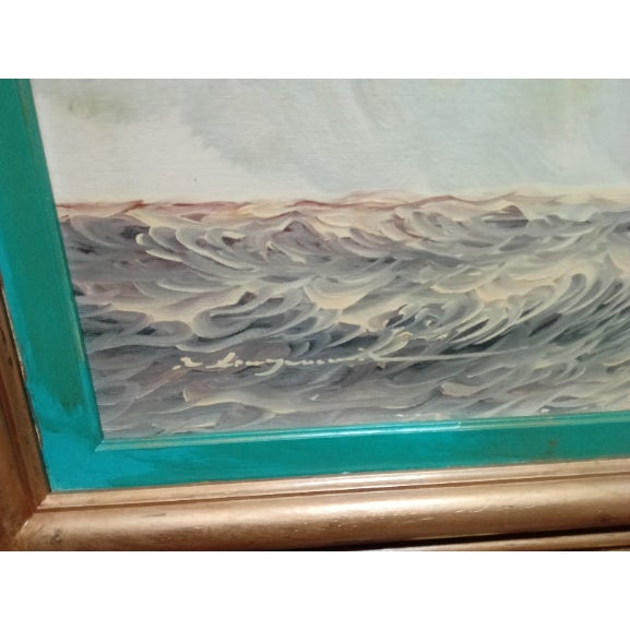 The Renato Longanesi Original Signed Canvas painting depicts ships in a contemporary art style, with a nautical theme....