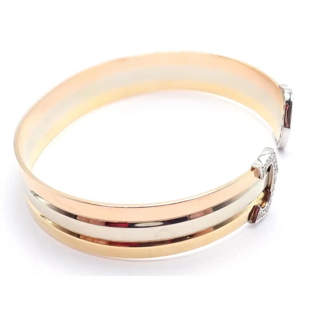 Gold 1980s Cartier Tri-Color Gold Diamond Double C Cuff Bangle Bracelet For Sale - Image 8 of 12