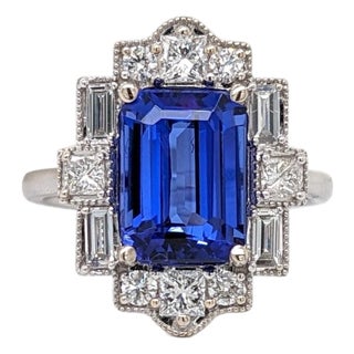 4.2ct Art Deco Tanzanite Ring With Earth Mined Diamonds Halo: Solid 14k Gold, Size 6.75 For Sale