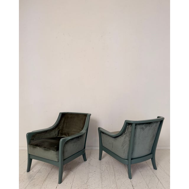 Wood Mid-Century Modern French Lounge Chairs in Green Velvet and Lacquered Wood, 1950, Set of 2 For Sale - Image 7 of 17