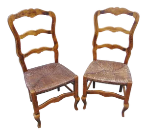 Mid 20th Century Country French Rush Seat Ladderback Chairs-a Pair