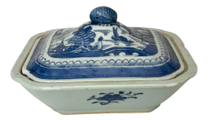 Antique Chinese Export Canton Blue Chinoiserie Vegetable Tureen and Cover