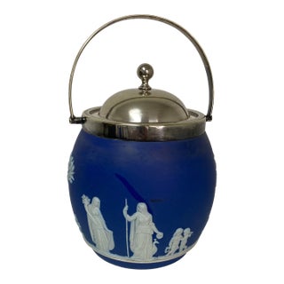 Antique Wedgwood Cobalt Jasperware Biscuit Barrel With James Dixon & Sons Silverplate Lid, Circa 1880s For Sale