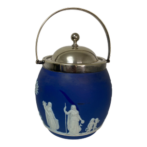 Antique Wedgwood Cobalt Jasperware Biscuit Barrel With James Dixon & Sons Silverplate Lid, Circa 1880s