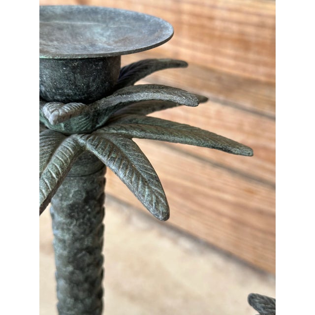 Pair Vintage Coastal Rustic Metal Palm Tree Staggering Candlestick Holders For Sale - Image 9 of 11