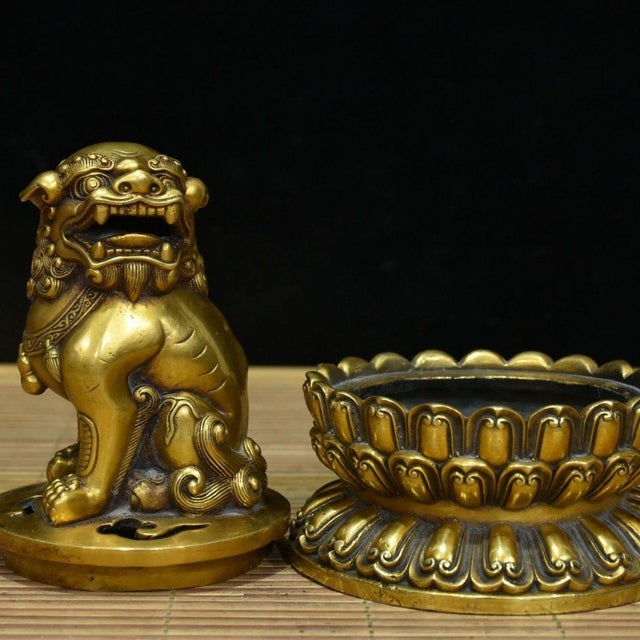 Bronze Gilt Bronze Guardian Lion Incense Burner – 8.3" Foo Dog Censer on Lotus Base For Sale - Image 8 of 9