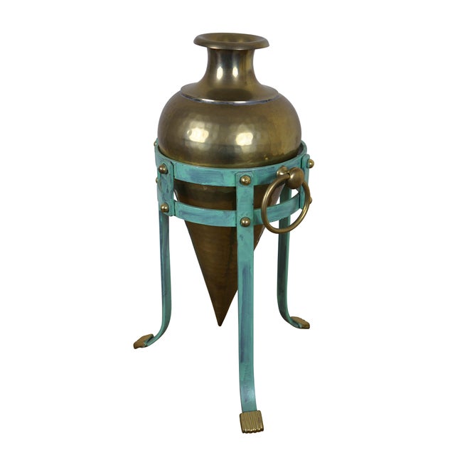 Rustic Late 20th Century Hammered Brass Amphora Vase & Three Leg Verdigris Pedestal Stand For Sale - Image 3 of 12