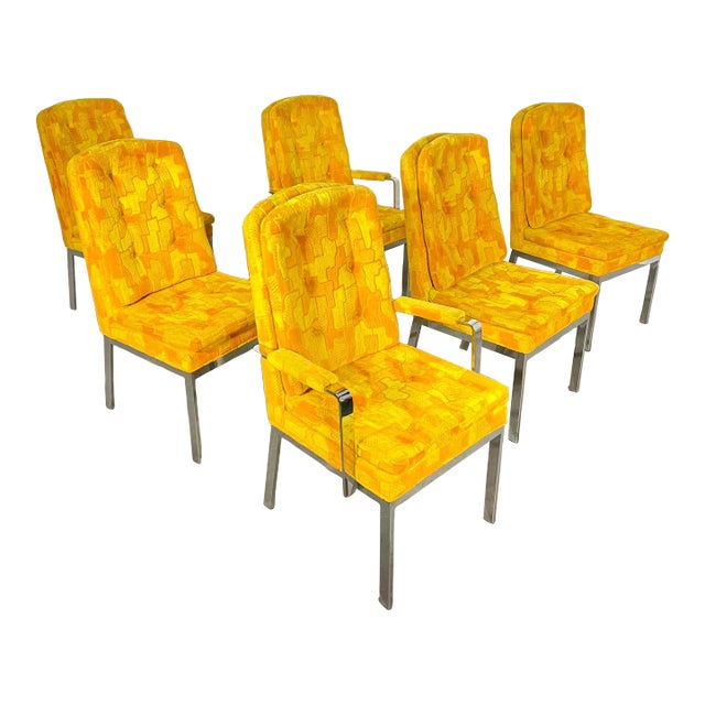 1970's Milo Baughman Chrome Jack Lenor Larsen Dining Chairs - Set of 6 For Sale