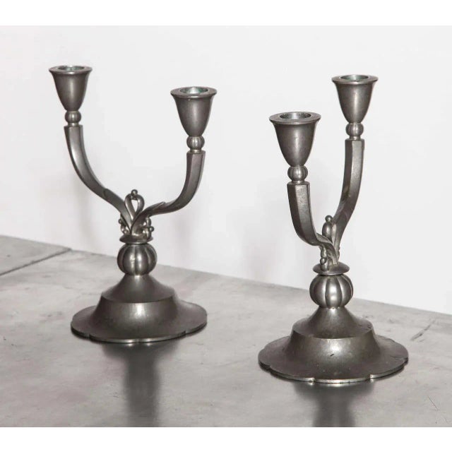Mid-Century Modern Just Andersen Crested Double Arm Pewter Candlesticks, 1929 - A Pair For Sale - Image 3 of 9