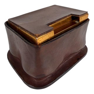 Vintage Italian Leather and Gilt Aluminum Cigarette Dispenser Box in the style of Jacques Adnet, 1950s For Sale