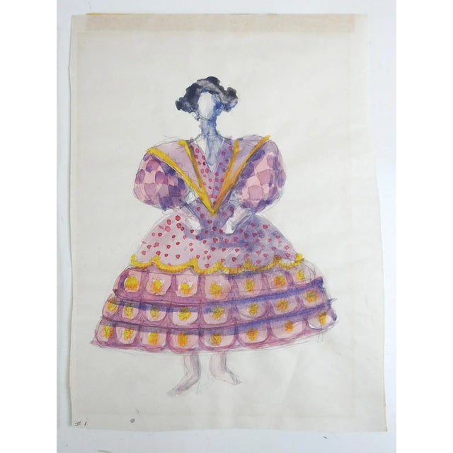 Mid 20th Century Vintage Mid 20th Century Theater Costume Design Paintings in Purple - a Pair For Sale - Image 5 of 5