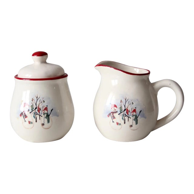 Vintage Royal Season Stoneware Snowman Creamer & Sugar Bowl Set For Sale