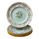 1950s Adams England Calyx Ware Hand Painted Mint Green Ribbon Majolica 9” Luncheon Plates - Set of 5 For Sale