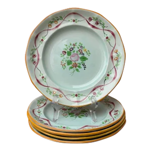 1950s Adams England Calyx Ware Hand Painted Mint Green Ribbon Majolica 9” Luncheon Plates - Set of 5