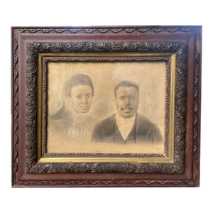 1800s Charcoal Portrait of a Young African American Couple in an Ornate Carved Frame.