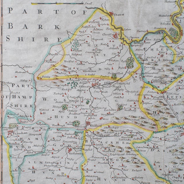 Cream Antique Surrey Map, English, County Cartography, Atlas, Robert Morden, c.1700 For Sale - Image 8 of 12