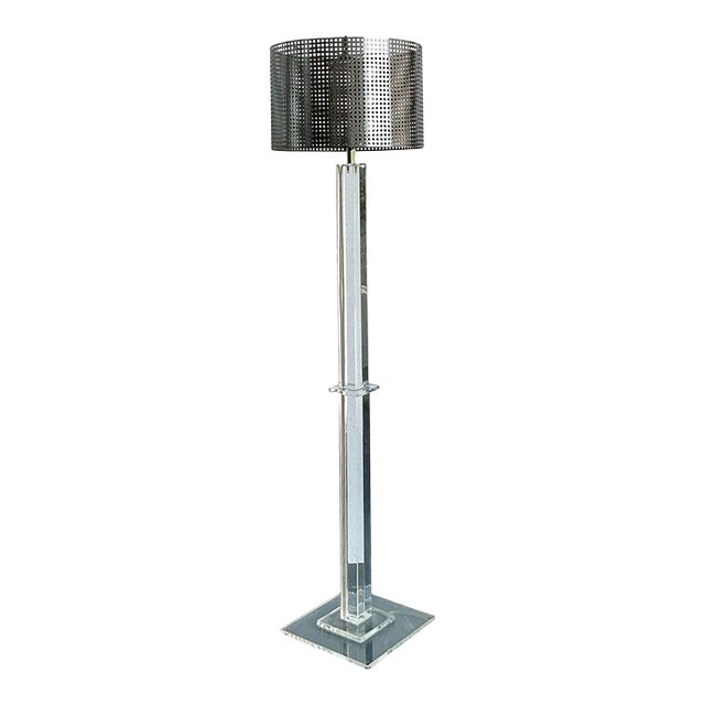 Vintage Boho Lucite Floor Lamp With Perforated Metal Shade For Sale