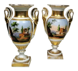 Vintage Hand-Painted Porcelain De Paris Vases Napoleon III France - a Pair