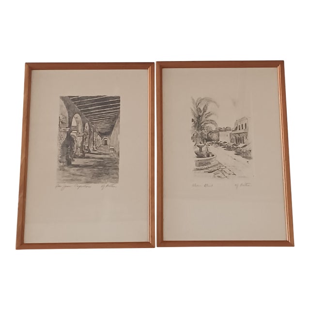 Vintage h.j. Brothers Hand-Signed Etchings - "San Juan Capistrano" & "Olvera Street" - Framed Pair For Sale