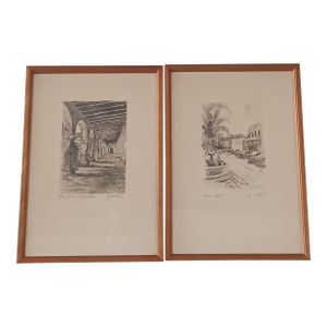 Vintage h.j. Brothers Hand-Signed Etchings - "San Juan Capistrano" & "Olvera Street" - Framed Pair