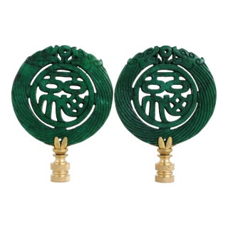 Chinese Calligraphy Symbol Carved Stone Lamp Finials on Brass Hardware For Sale