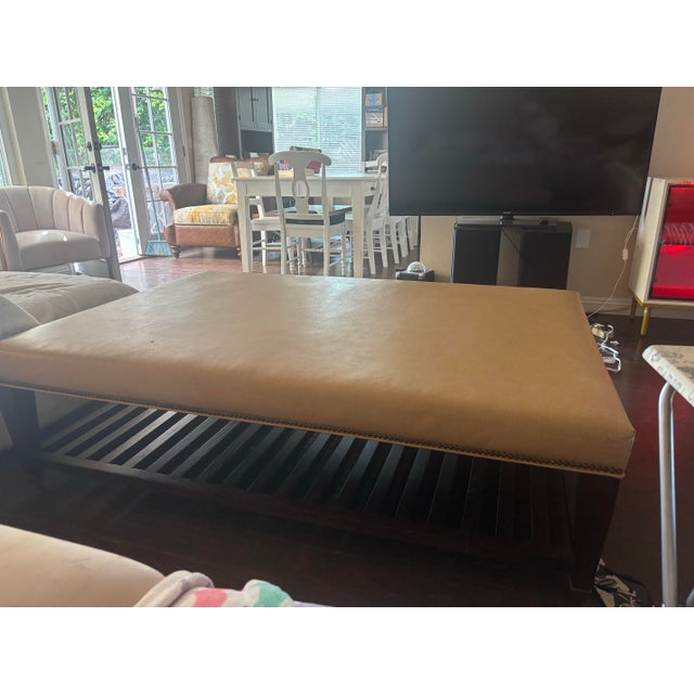 Lee Industries Lee Industries Large Leather Cocktail Ottoman in Apex Sand Tan Color Wood Slats Great Used Condition. On Casters For Sale - Image 4 of 11