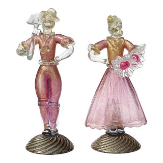 Murano Vintage Sommerso Pink Gold Flecks Italian Art Glass Male Female Farmer Figure Sculptures - A Pair For Sale