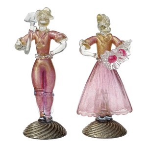 Vintage Murano Sommerso Pink Gold Flecks Italian Art Glass Male Female Farmer Figure Sculptures - A Pair