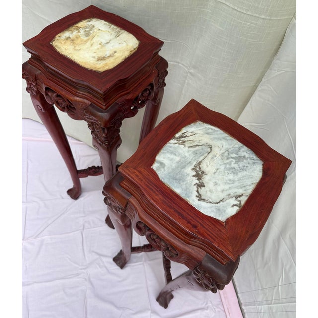 Chinese Pair of Vintage Solid Rosewood Chinese Carved Pedestal Display Stands With Natural Stone Tops – 39 Inches High For Sale - Image 3 of 5